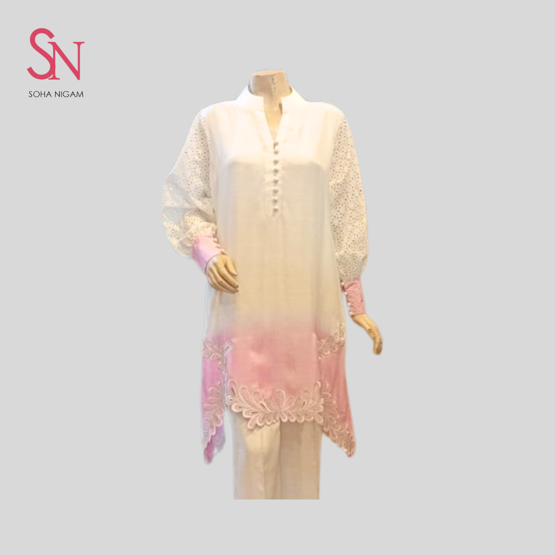 Pink White Combo Cut Work Glint